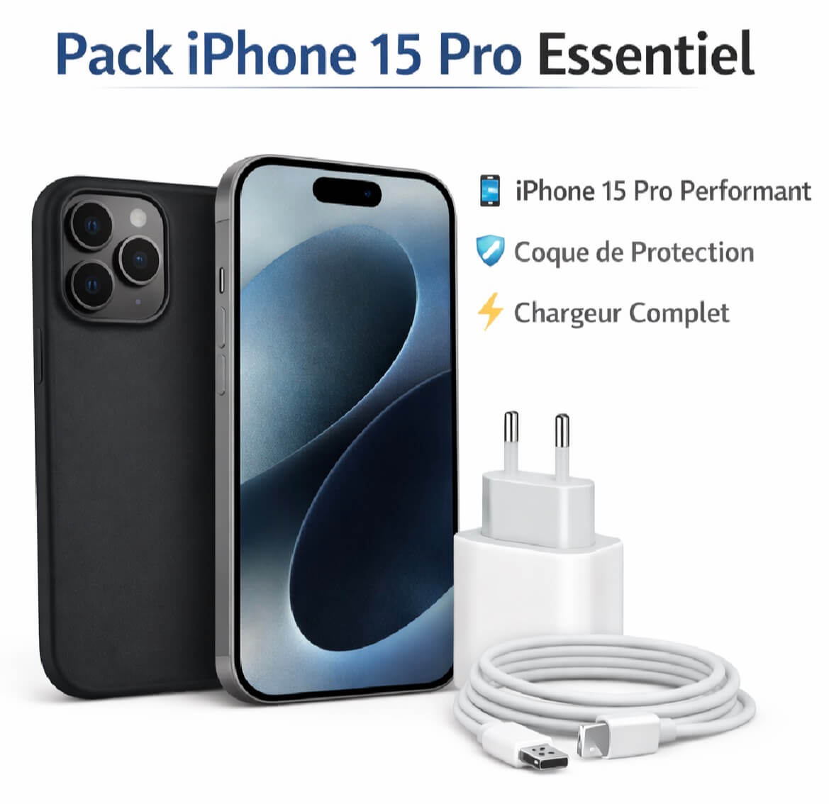 Pack iPhone 15 Pro + Protection + Chargeur